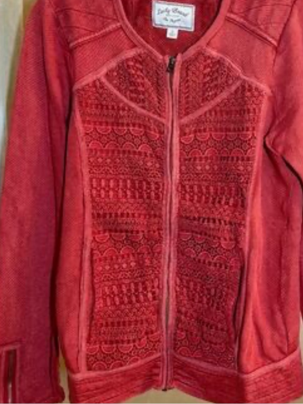 Lucky Brand Red Textured Zip-Front Jean Jacket